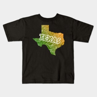 Colorful mandala art map of Texas with text in green and orange Kids T-Shirt